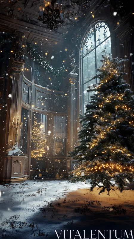 Snowlit Christmas tree in ornate baroque winter hall.