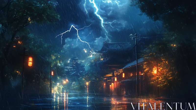 Stormlit traditional street under heavy rain and lightning