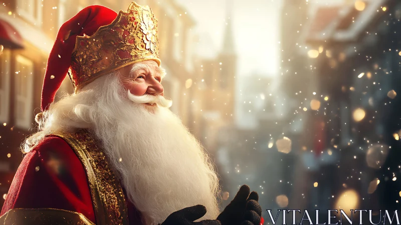 Santa figure in ornate red and gold attire in snowy street.