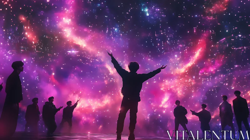 Starlit silhouettes share a radiant galaxy sky together