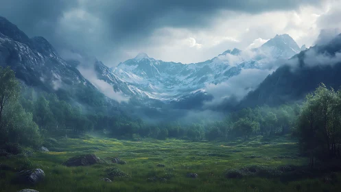 Misty alpine valley under dramatic snowcapped peaks.