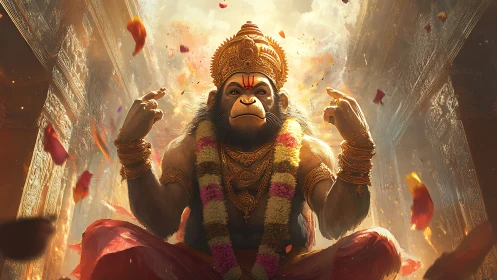 Mythological monkey deity seated in ornate temple environment.
