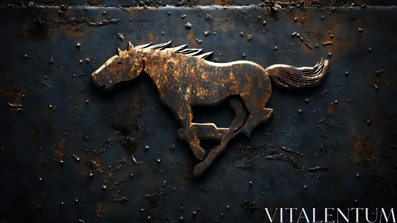 Rusty metal horse silhouette mounted on dark corroded panel