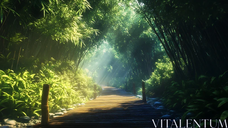 Sunlit bamboo boardwalk drifting into emerald hush.