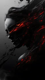 Female profile dissolves into dark fluid with red embers