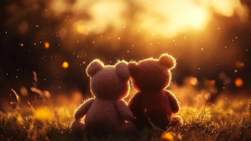 Two Teddy Bears Glowing at Golden Hour.
