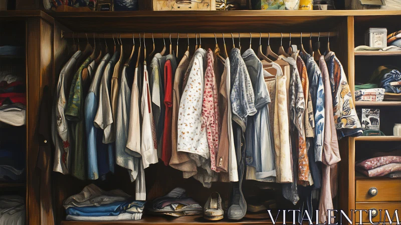 Open Wardrobe with Organized Clothing on Wooden Rack