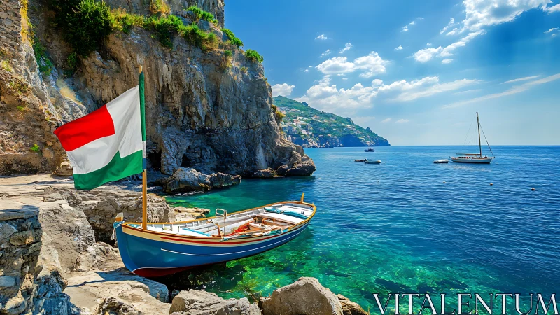 Italian Coastal Mediterranean Seascape with Tricolor Flag and Moored Fishing Vessel