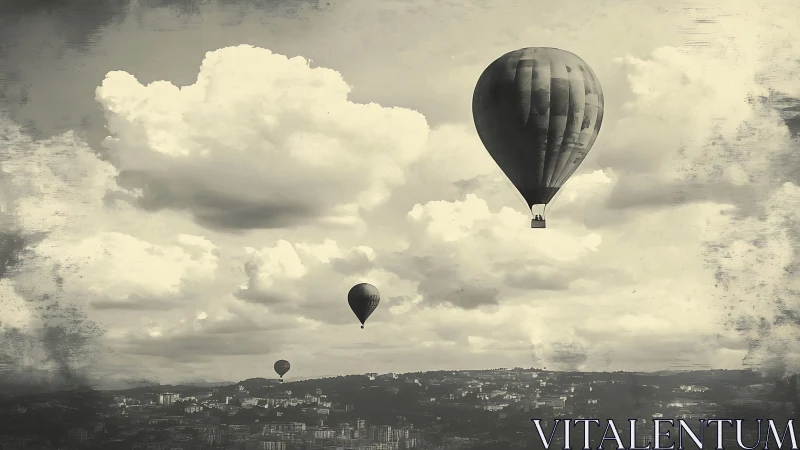 Ballooned daydreams drift slowly above a sepia cityscape