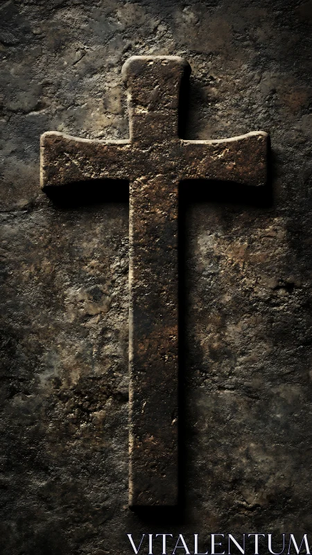 Weathered stone cross on rugged textured ground surface.