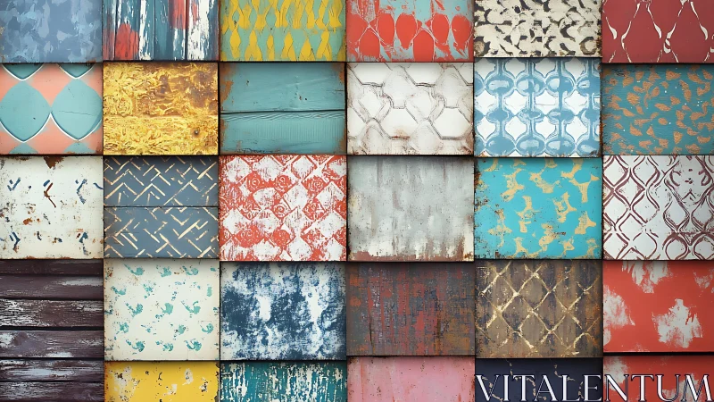 Grid of distressed painted panels with varied surface patterns.