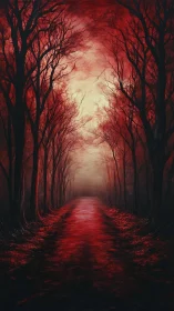 Narrow forest path under red-tinted sky at dusk.