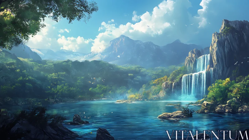 Luminous mountain waterfalls over misted turquoise lake.