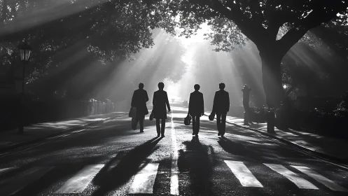 Sunlit friends strolling across a quiet leafy crosswalk.