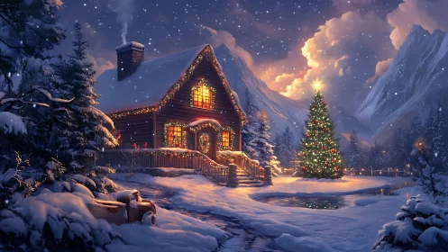 Snow-laden cabin with illuminated Christmas tree at twilight