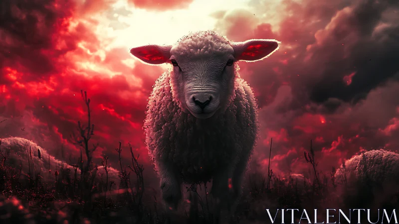 Sheep stands in dramatic red backlit stormy landscape
