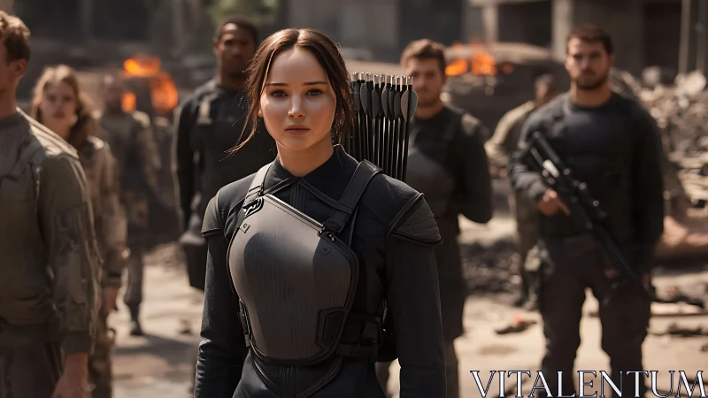 Armored archer leading tactical squad in post-blast ruins.