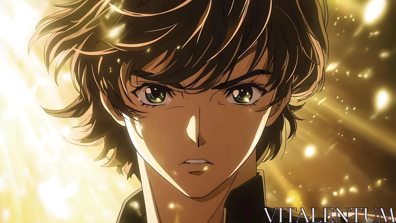 Intense anime hero close up in golden dramatic light.