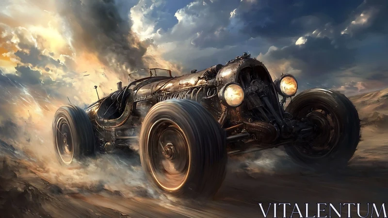 Ruststorm roadster howls across a burning desert horizon.
