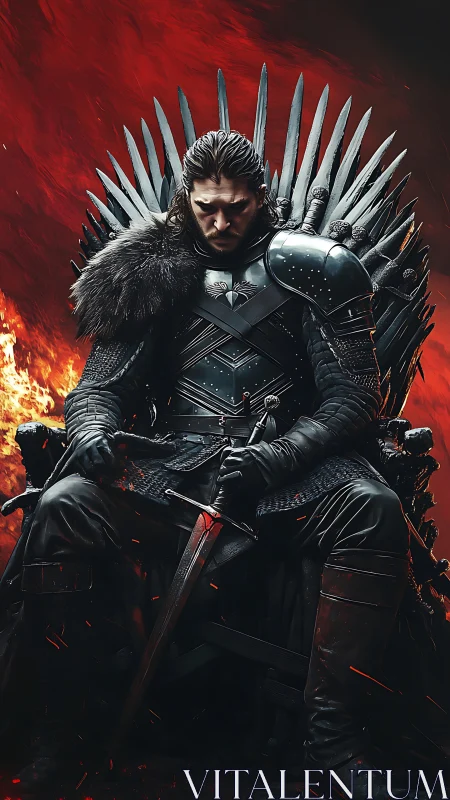 Brooding fantasy king seated on a fiery iron throne.