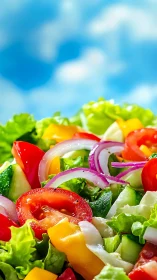 Colorful garden salad glistens under bright summer sky.