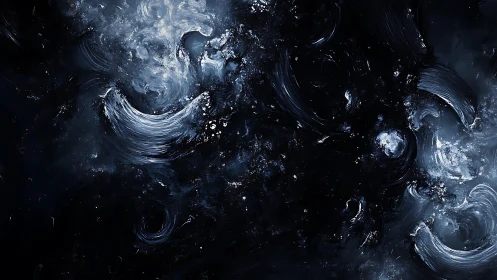 Abstract cosmic swirl in deep blue and white brushstroke style.