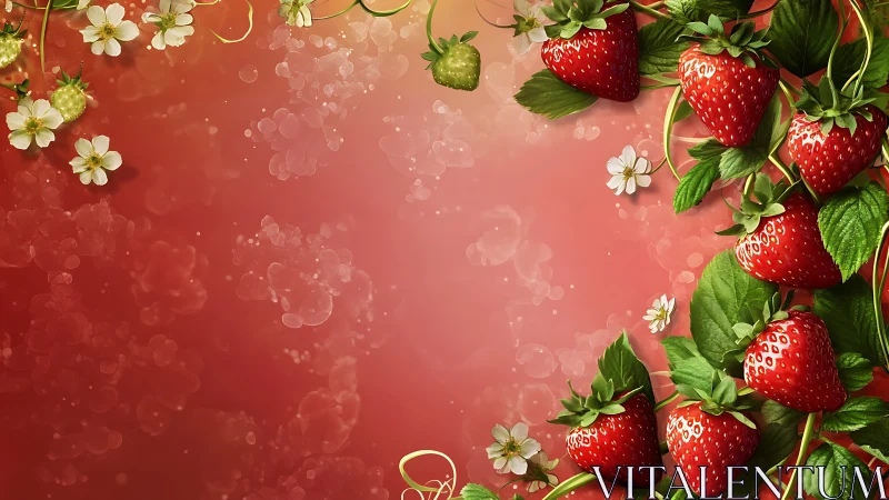 Ripe strawberry cluster with blossoms on soft bokeh red field