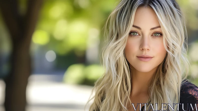 Softly lit blonde woman gazes into camera outdoors.