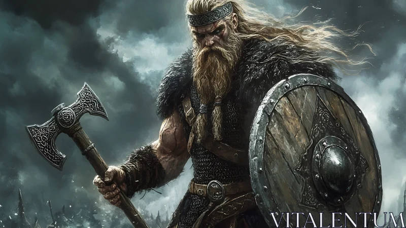Battle-hardened Viking warrior advances under storm clouds