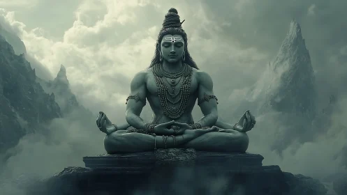 Meditating divine figure seated in misty mountain landscape.