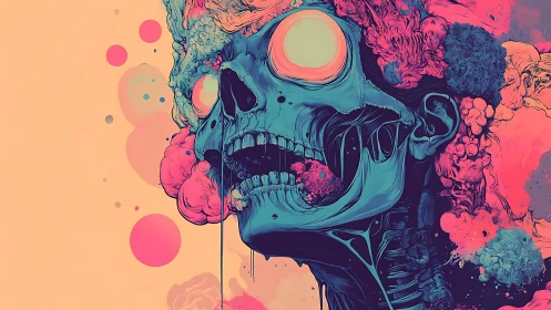 Psychedelic cyan skull dissolves into neon vaporous blooms