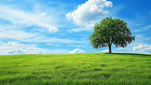 Lone tree on grassy hill under vibrant blue sky, landscape style.