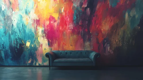 Vibrant Abstract Wall Art Behind Modern Blue Sofa in Minimalist Room.