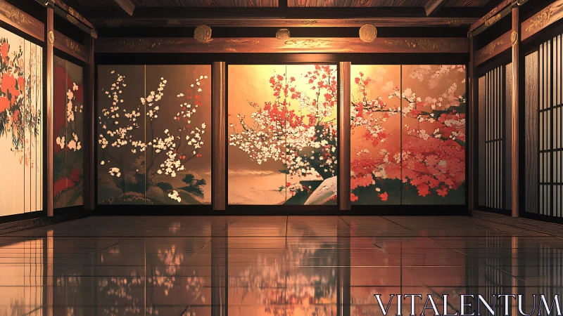 Golden hall glows softly with serene painted cherry blossoms