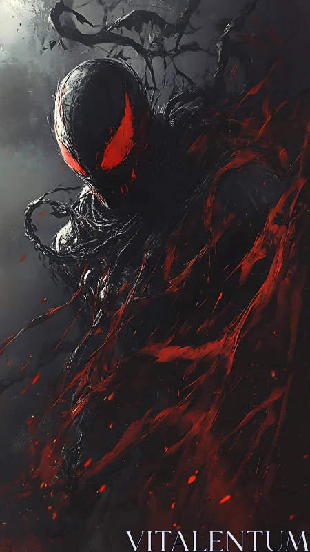 Symbiotic shadow entity emerges amid searing crimson tendrils