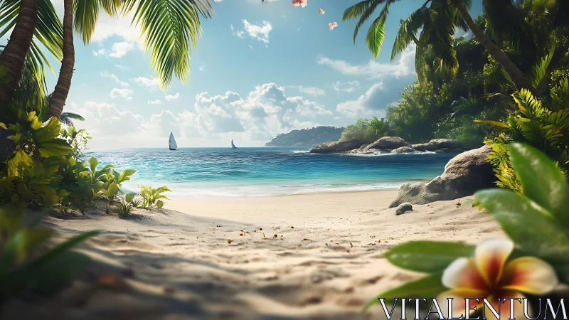 Tropical Beach Paradise with Sailboats.