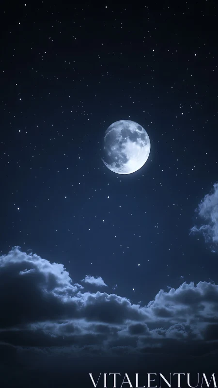 Moonlit night sky with scattered stars and low cloud layer.