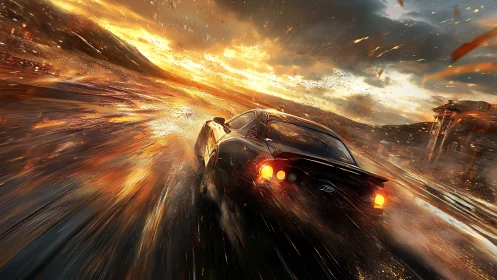 Midnight supercar shreds molten sunlight on storm road.