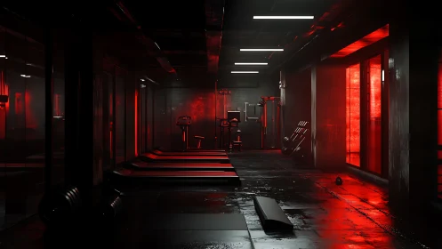 Parametric red-lit gym interior with treadmills and cable rigs.