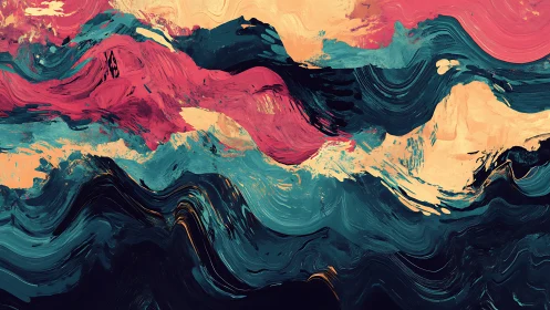 Brushstroke tides collide as coral skies melt into teal seas