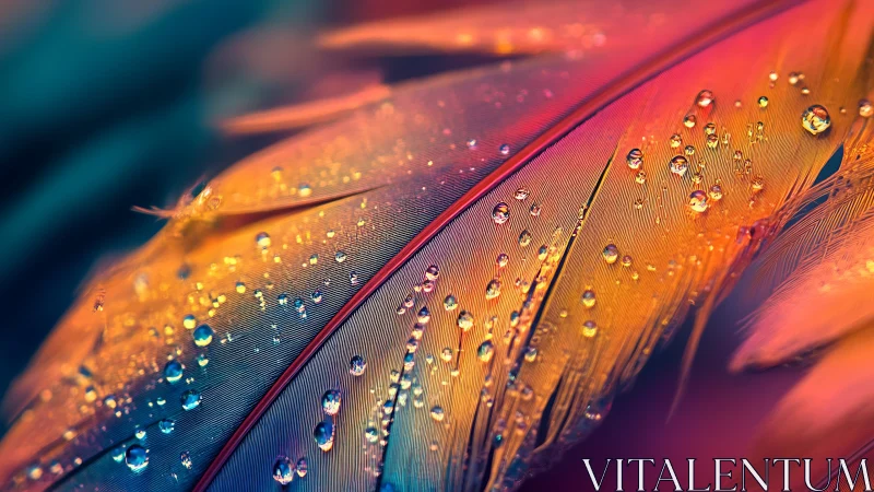 Iridescent macro feather with dewdrops in vibrant bokeh light.