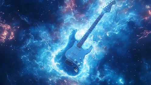 Starlit electric guitar drifting through a blazing cosmic storm.