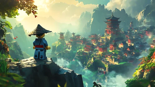 Lego traveler surveys misty mountain temple city at sunrise