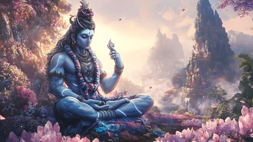 Divine blue yogi in luminous Himalayan floral valley meditation.