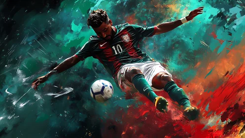 Soccer player executing midair kick in abstract colors.