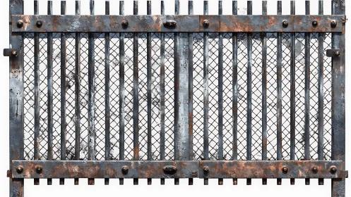 Corroded steel gate exhibits rusted lattice, bolts and patina