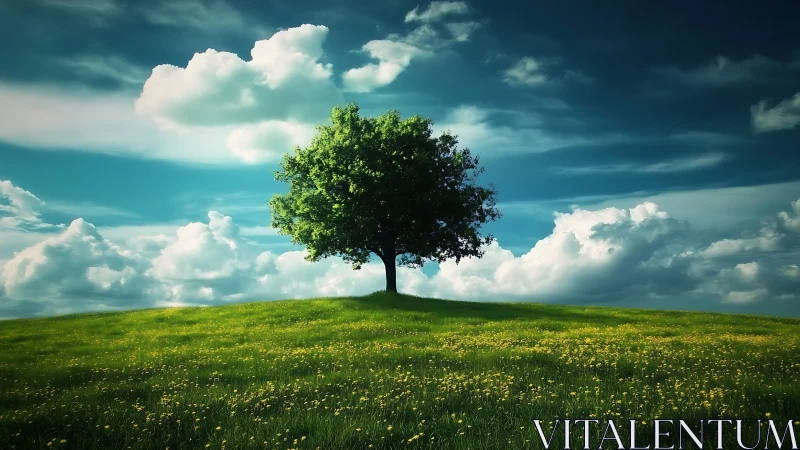 Lone tree on green hill under dramatic sky, landscape photography.