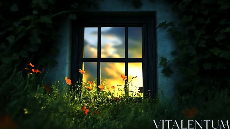 Twilight window glow cradled in wildflower whispering grass.