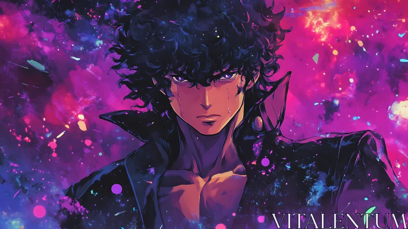 Curly haired male figure in leather jacket, neon cosmic field.