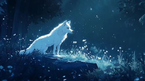 White wolf stands on glowing forest rock under blue night light